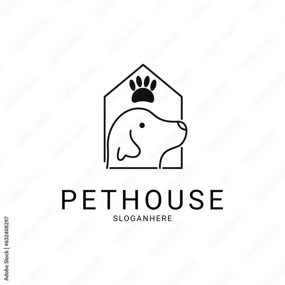 Dog pet house home paw logo design vector icon line art outline