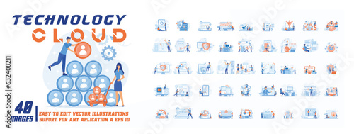 Technology cloud concept illustration, collection of male and female business people scenes in the technology cloud scene. mega set flat vector modern illustration