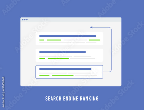 Search Engine Ranking Strategies for Higher Search Ranking with On-Site SEO and Meta Data Optimization. Vector Illustration of search engine results ranking and site that rises in the search results photo