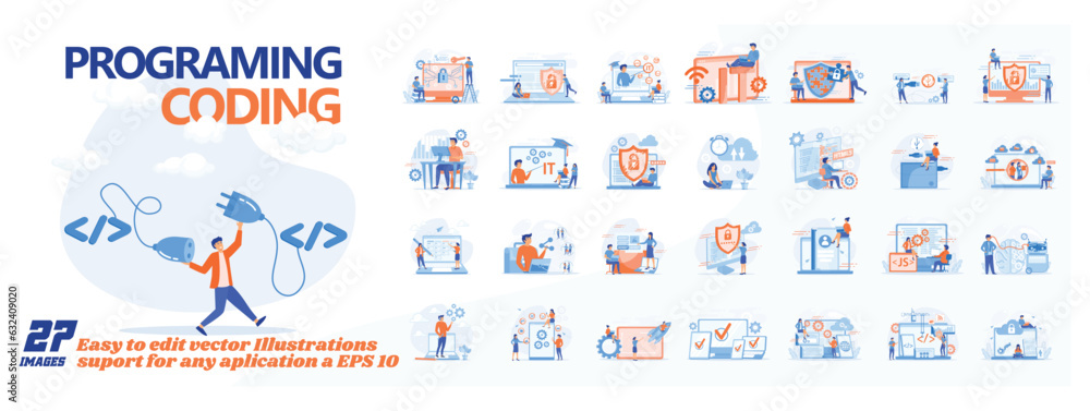 Programing coding scene illustration. collection of male and female ... image.