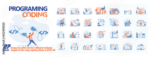 Programing coding scene illustration. collection of male and female business people scenes in the programing coding scene. mega set flat vector modern illustration