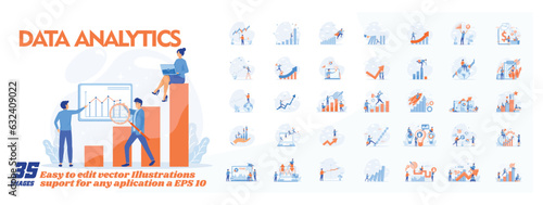 Data analytics concept illustration, collection of male and female business people scenes in the data analytics scene. mega set flat vector modern illustration
