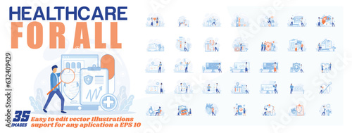 Healthcare for all concept illustration, collection of male and female business people scenes in the healthcare for all scene. mega set flat vector modern illustration