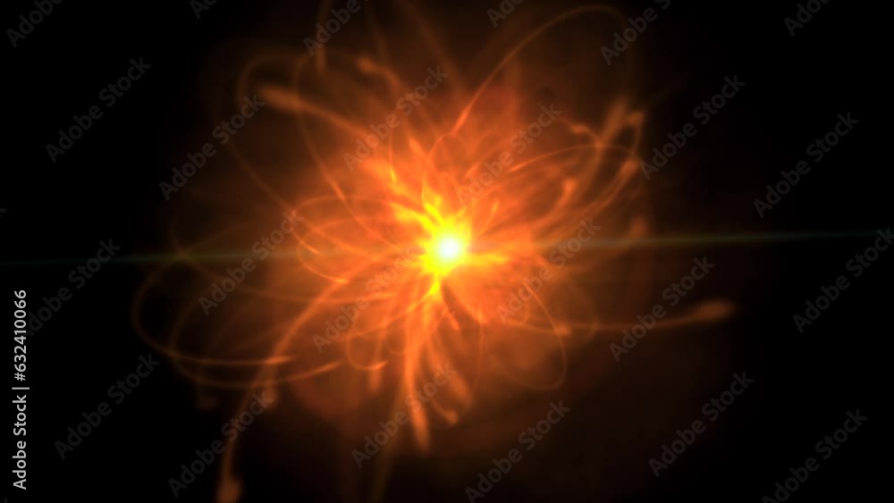 Particle physics atomic structure simulation with glowing nucleus. Particle physics atomic structure simulation with glowing nucleus.