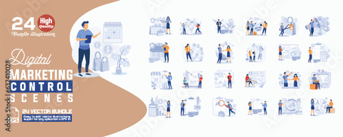 Digital marketing control scenes concept illustration, collection of male and female business people scenes in the digital marketing control scenes. mega set flat vector modern illustration