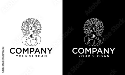 Curly hair emblem template. Hair salon or beauty salon logo design template. Abstract woman face in one color. Stock vector illustration.