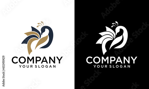 Peacock logo illustration with linear luxury style, simple minimalist peacock logo template, gold line peacock mascot logo