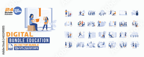 Digital bundle education concept illustration, collection of male and female business people scenes in the digital bundle education scene. mega set flat vector modern illustration