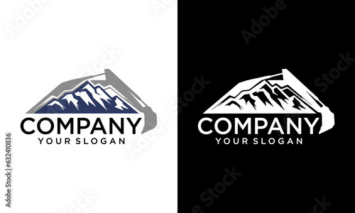 Excavator and mountains vector round black emblem, badge, label or patch isolated on white background