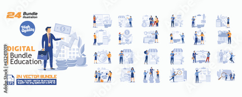 Digital bundle education concept illustration, collection of male and female business people scenes in the digital bundle education scene. mega set flat vector modern illustration