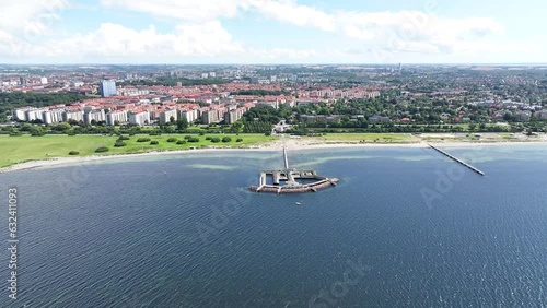 Aerial of Ribersborgsstranden Beach and wharf, public city park and recreation area in Malmo, Sweden. photo