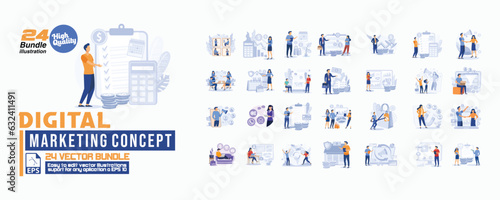 Digital marketing concept illustration, collection of male and female business people scenes in the digital marketing concept scene. mega set flat vector modern illustration