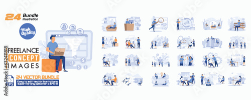 Freelance concept images illustration, collection of male and female business people scenes in the freelance concept images scene. mega set flat vector modern illustration