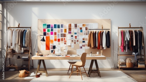 Fashion designer studio a personal computer working clothes hanging sewing machine and various sewing machines related on colorful fabric standing mannequin table, Fashion designer working studio © ND STOCK