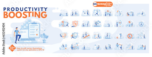 Productivity boosting concept illustration, collection of male and female business people scenes in the productivity boosting scene. mega set flat vector modern illustration