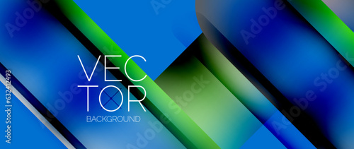 Dynamic bright colorful geometric elements with fluid gradients, lights, shadows blend in a minimal backdrop, creating captivating composition