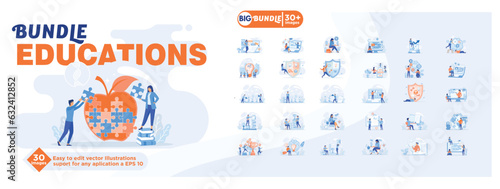 Bundle educations concept illustration, collection of male and female business people scenes in the bundle educations scene. mega set flat vector modern illustration