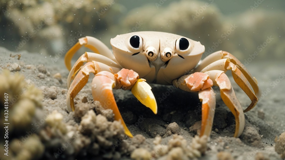 a crab with a large yellow beak and black eyes is sitting in the sand with a yellow beak and black eyes