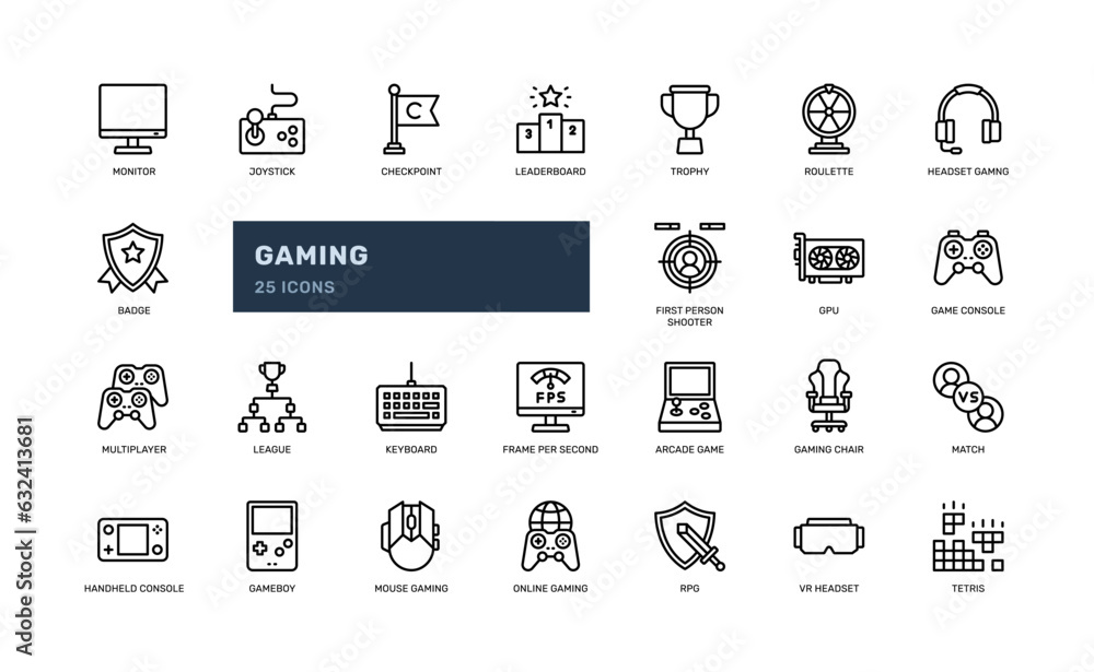 gaming game gaming esport competition computer online gamer detailed outline icon set. eps vector file