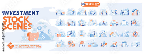 Investment stock scenes, collection of male and female business people scenes in the investment stock scenes.mega set flat vector modern illustration