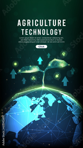A sapling is growing up on the earth.low polygon design.Hi-tech agriculture and environment technology concept glowing green tones on dark background.Vector illustration.