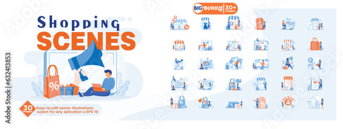 Shopping scenes concept illustration, collection of male and female business people scenes in the shopping scene. mega set flat vector modern illustration