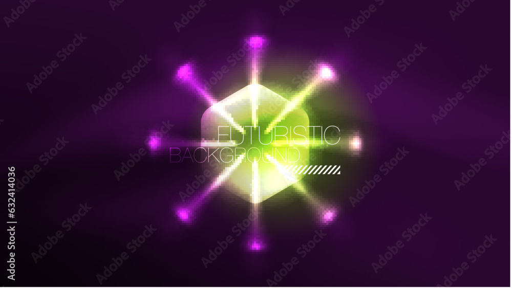 Glowing neon hexagons in dark space. Digital technology cyberspace hi-tech techno abstract background template Glowing neon hexagons in dark space. Digital technology cyberspace hi-tech techno abstract background template