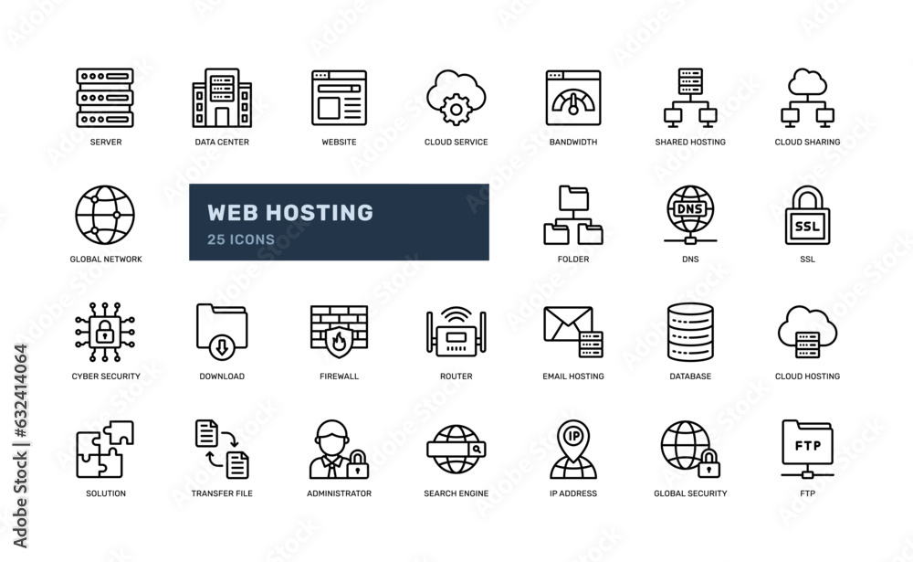 web hosting server cloud website security detailed outline line icon set. eps vector file