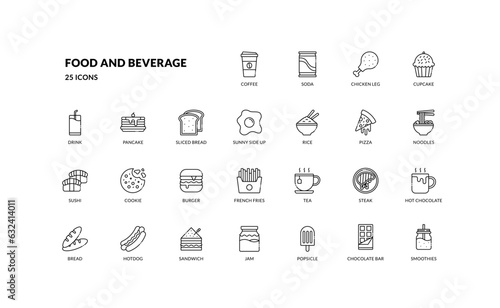 food and beverage meal restaurant menu detailed outline line icon set. eps vector file