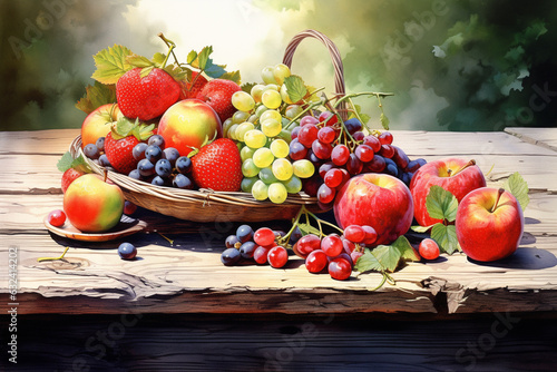 Watercolor Food: Assortment of Fresh Fruit on Wooden Table. Generative AI