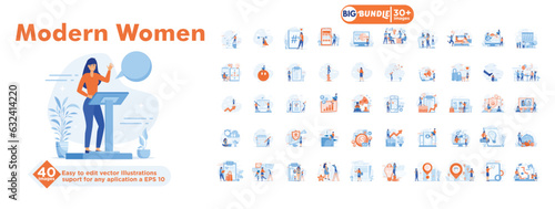 Modern women concept illustration, collection of male and female business people scenes in the modern women scene. mega set flat vector modern illustration