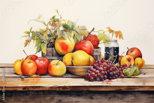 Watercolor Food  Assortment of Fresh Fruit on Wooden Table. Generative AI