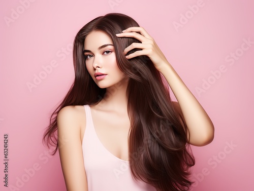 Long hair woman hand touching hair smooth brunette hairstyle model isolated pink background, Product model advestising, Generative AI