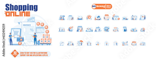 Shopping online concept illustration, collection of male and female business people scenes in the shopping online scene. mega set flat vector modern illustration