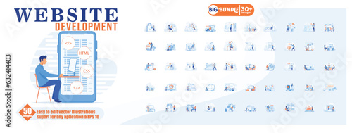 Website development concept illustration, collection of male and female business people scenes in the website development scene. mega set flat vector modern illustration
