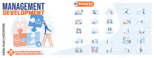 Management development concept illustration, collection of male and female business people scenes in the management development scene. mega set flat vector modern illustration