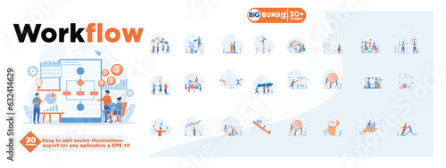 Workflow concept illustration, collection of male and female business people scenes in the workflow scene. mega set flat vector modern illustration