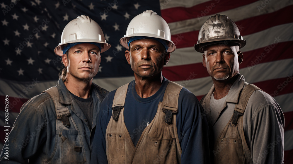 The labor worker three portrait smile on the American flag background, The labor worker three portrait smile on the American flag background,