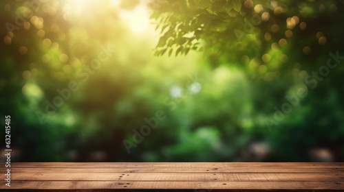 wooden table stage background and nature green blur bokeh