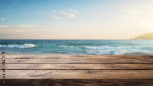 the wooden table stage background and the sea blur