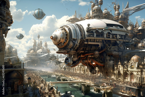 Steampunk Transportation: Airship Over Bustling City. Generative AI