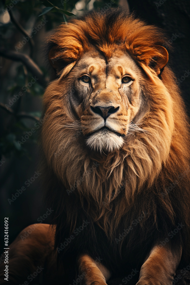 African Lion in the Jungle. Majestic Portrait. Africa Wildlife Animal. Generative ai