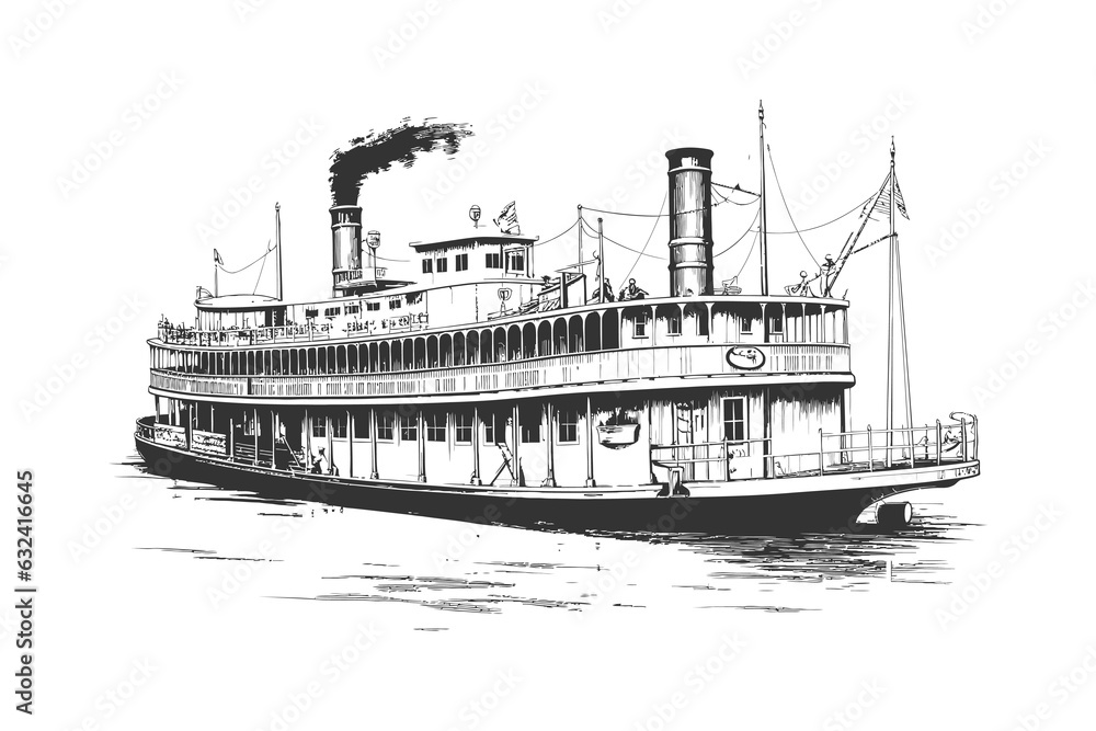 Large steamboat retro hand drawn engraving style. Vector illustration design. - obrazy, fototapety, plakaty 