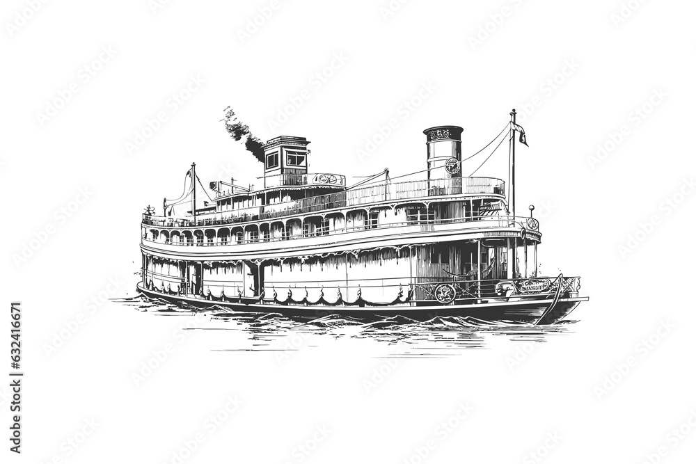 Large steamboat retro hand drawn engraving style. Vector illustration design.