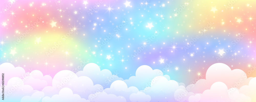 Rainbow unicorn pastel background with glitter stars. Pink cloudy fantasy sky. Cute holographic space. Fairy iridescent gradient backdrop. Vector