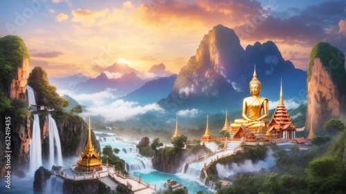 Serene temples, majestic pagodas, and tranquil Buddha statues find their place harmoniously amid the breathtaking beauty of mountains and waterfalls.