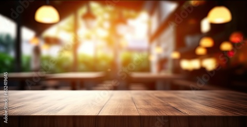 Abstract montage of business space and decor. Vintage coffee shop. Luxury breakfast and retro vibes. Vintage advertising with empty wooden tabletop