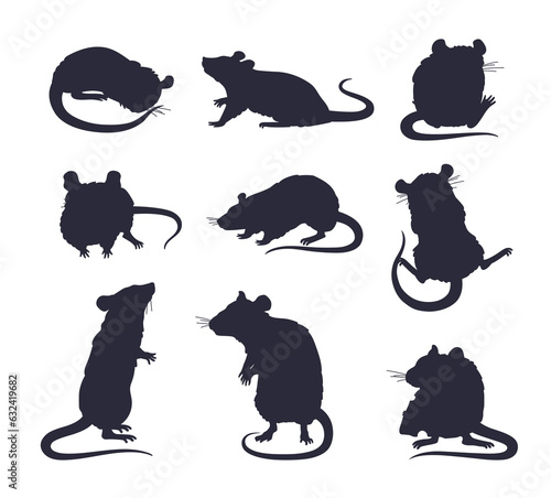 Set of black silhouettes of rats flat style, vector illustration