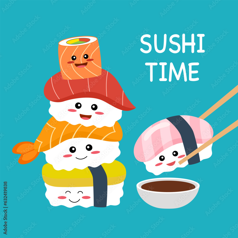 Cute sushi cartoon character with chopsticks and soy sauce in flat design. Sushi time kawaii style. Cute sushi cartoon character with chopsticks and soy sauce in flat design. Sushi time kawaii style.
