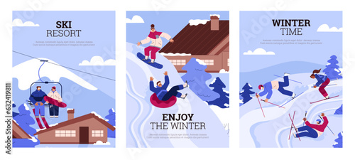 Set of postcards or vertical banners about ski resort and winter time flat style